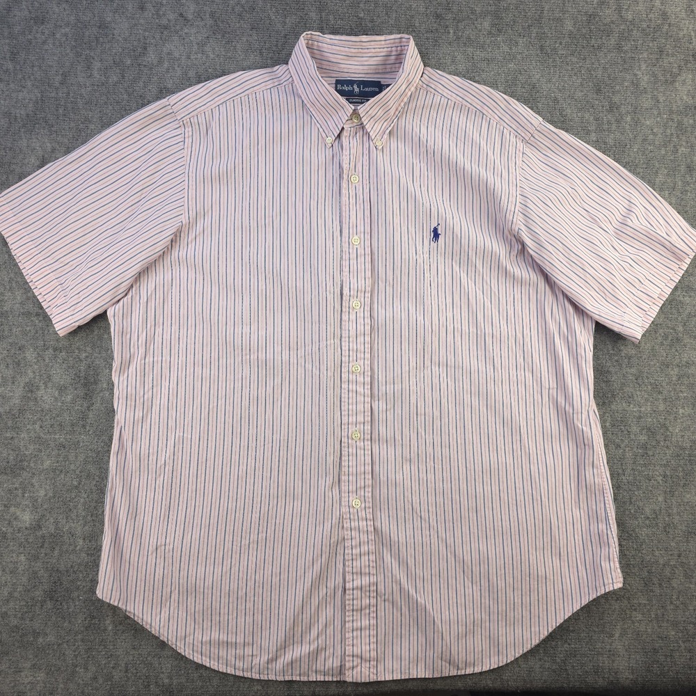 Ralph Lauren Shirt XL Classic Fit Pink Blue Vertical Striped Short Sleeve Pony‎